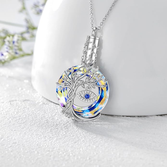 TOUPOP Evil Eye Necklace 925 Sterling Silver Tree of Life Circle Crystal Pendant Necklace Protection Jewelry Amulet Christmas Gifts for Women Her