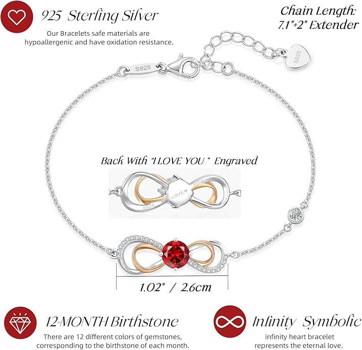 LOUISA SECRET Rose Gold Infinity Heart Bracelet for Women, Adjustable Chain 925 Sterling Silver Link Birthstone Bracelets, Best Anniversary Birthday Jewelry Gifts for Women Mom Wife Her
