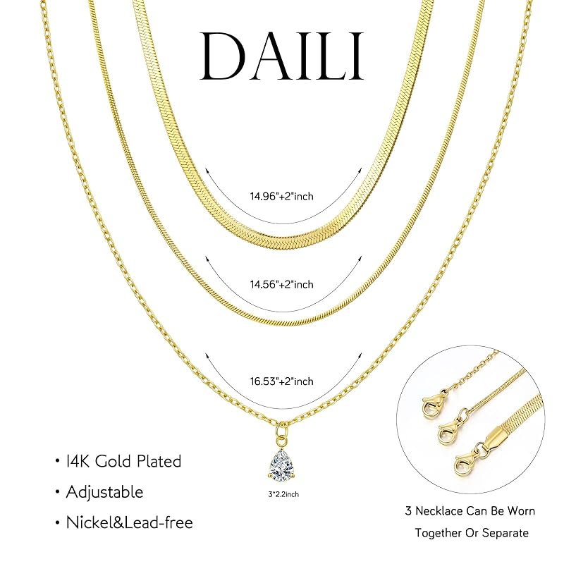 Layered Gold Necklaces for Women,14k Gold Plated Dainty Necklace Stack Set,Non Tarnish Adjustable Stainless Steel Cubic Zirconia Pendant Choker Herringbone Snake Chain Jewelry