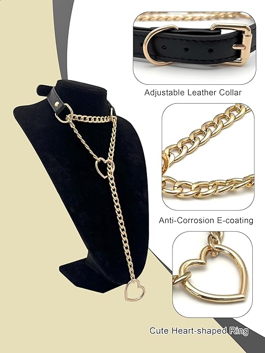 Black Leather Choker Collar For Women, Handmade Heart Slip Chain Choker Long Necklace with Adjustable Buckle