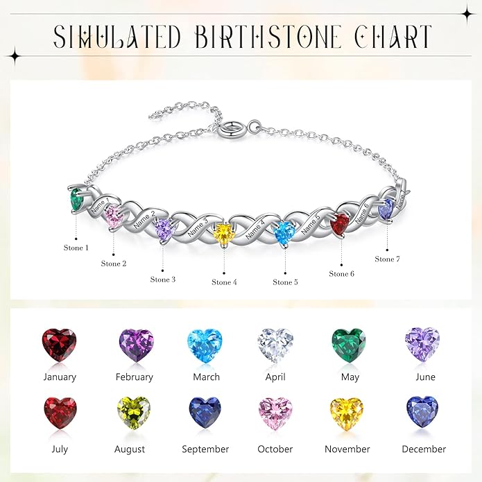Personalized Custom Name Heart Bracelet with 1-6 Birthstone Bracelets for Women Engraved Family Names Link Bracelets for Mother's Day Mom Daughter