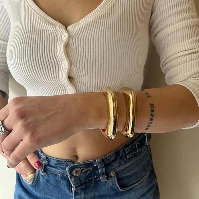 Bangle Bracelets for Women | 14K Gold Plated Trendy Wide Bracelets | Hinged Arm Cuff Bangles Chunky Bracelet for Women