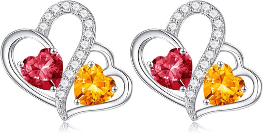 Iefil Valentines Day Gifts for Her - Birthstone Earrings Gift for Women, 925 Sterling Silver Double Heart Birthstone Earrings | Anniversary Birthday Gifts for Women, Personalized Jewelry for Wife Mom