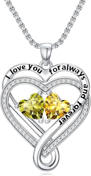 I Love You for Awlays and Forever Double Heart Necklace with Birthstone, 2 Birth Stone Jewelry Anniversary Valentines Mothers Day Christmas Birthday Gifts for Women Her Wife Girlfriend Mom Mother