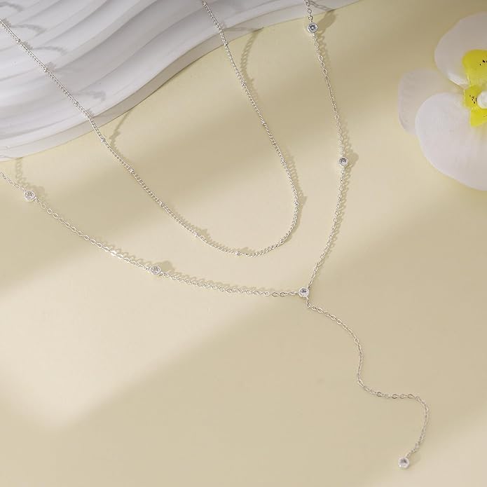 Gold Necklace for Women, Dainty Gold Long Necklaces 14k Gold Plated Prom Bar CZ Lariat Necklace Simple Choker Necklaces for Women Trendy Boho Fashion Costume Jewelry Womens