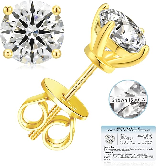 SHOWNII Diamond 4-Prong Lab-Grown Diamond Stud Earrings for Women 0.5CT 1CT 14K Gold Plated S925 Sterling Silver Screw Back Earrings(I-J Color, S1-VS2 Clarity)