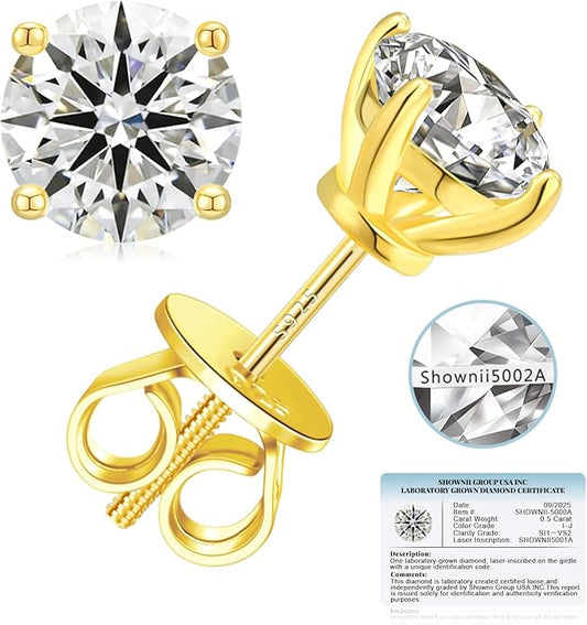 SHOWNII Diamond 4-Prong Lab-Grown Diamond Stud Earrings for Women 0.5CT 1CT 14K Gold Plated S925 Sterling Silver Screw Back Earrings(I-J Color, S1-VS2 Clarity)