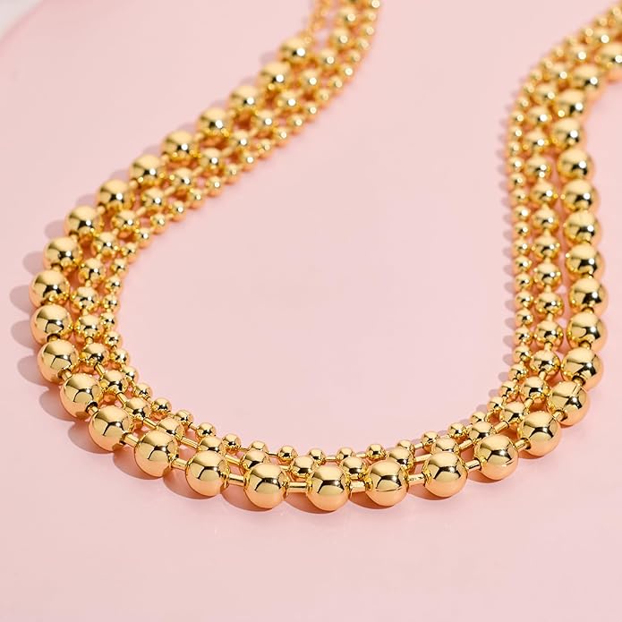 Statement Gold Beads Necklace for Women Vintage Gold Beaded Strand Chain Necklace Fashion Jewelry for Women