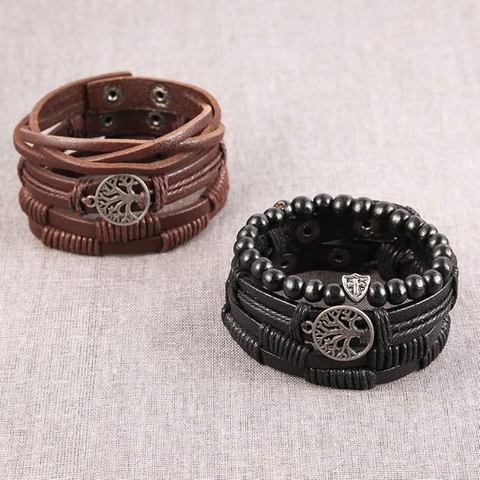 HZMAN Genuine Leather Tree of life Bracelets Men Women, Tiger Eye Natural Stone Lava Rock Beads Ethnic Tribal Elastic Bracelets Wristbands