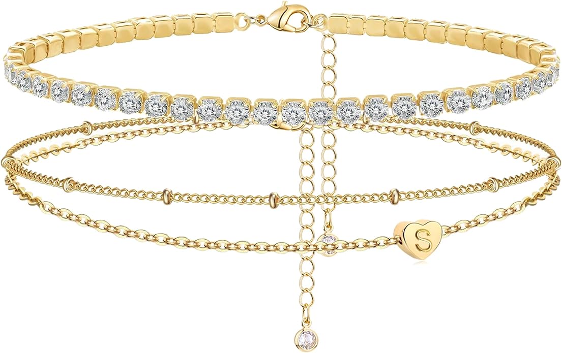 Yanoda Initial Ankle Bracelets for Women, 14K Gold Plated Waterproof Dainty Layered Heart Letter Initial Anklets Personalized Gifts