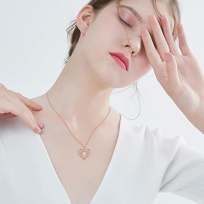 Heart Pendant Necklaces for Women 14K Rose Gold Plated with Birthstone Zirconia,Christmas Birthday Anniversary Jewelry Gift for Women Wife Her 18+2 inch