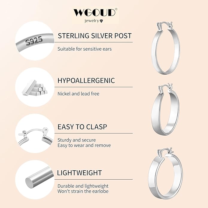 WGOUD 3 Pairs 925 Sterling Silver Post Hoop Earrings Hypoallergenic 14K Gold Plated Lightweight Hoop Earrings for Women Medium Silver Hoops Earring for Women 24/26mm