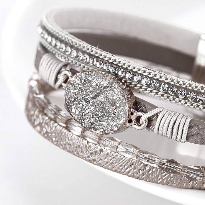 Fesciory Leopard Bracelet for Women, Boho Leather Wrap Multi-Layer Pearl Crystal Bracelet Bangle Jewelry