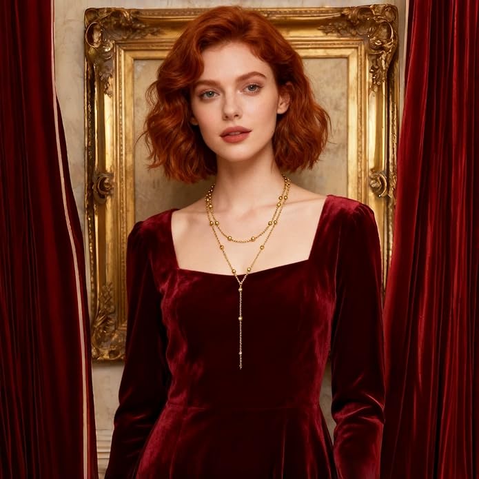 Gold Plated Long Necklace for Women, Layered Y-Shape Lariat Drop Pendant Chain with Beaded Accents, Adjustable Dainty Simple Trendy Jewelry Gift ﻿