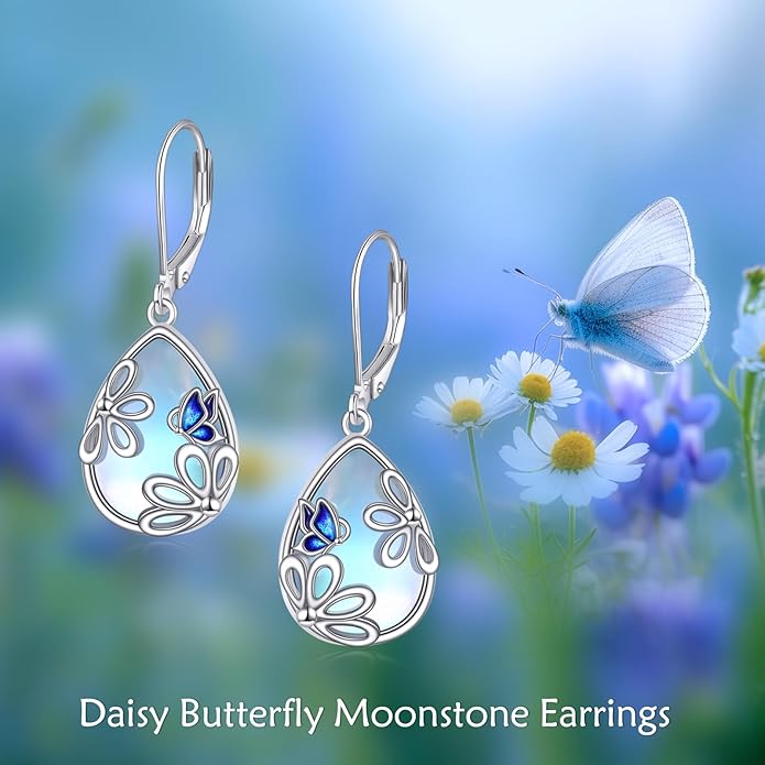 AOBOCO Butterfly/Dragonfly/Bee/Ladybug Leverback Earrings 925 Sterling Silver Rose Lotus Tulip Flower Filigree Dangle Earrings Teardrop Moonstone Larimar Turquoise Abalone Shell Jewelry Birthday Gifts for Women