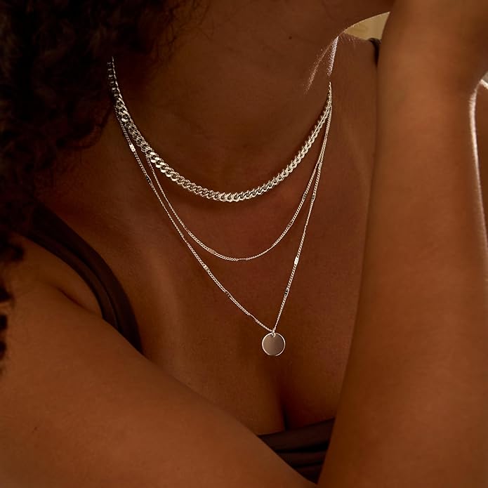 Layered Silver Necklace for Women Trendy Silver Plated Dainty Stackable Necklace Set Cuban Paperclip Herringbone Link Chain Coin/Cross/diamond/Mobius Pendant Necklaces Fashion Accessories Jewelry Gift