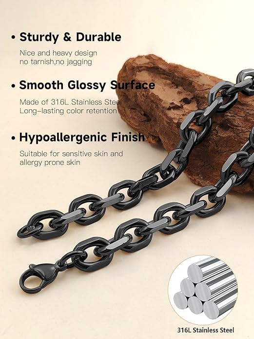 Hoyazvet Cable Chain Stainless Steel Necklace for Men Women, 3/5/8/10/13MM Width, 18K Gold Plated/Black Metal/316L Stainless Steel Sturdy Rolo Link Chain Necklace, 18-30inch Length