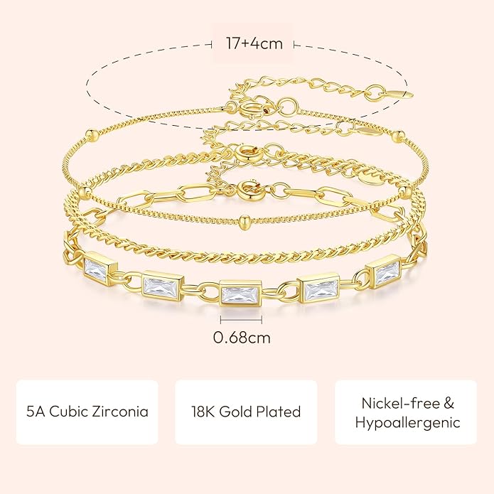 Gold Birthstone Bracelet for Women, 18K Gold Plated Layered Jewelry Bracelet Set, Women Dainty Stackable Bracelets Link Paperclip Chain Valentines Day Gift for Women