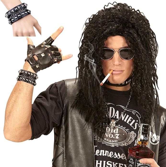 LAPOHI 6 PCS Leather Bracelets for Men Women Punk Goth Rock Spiked 80s Stuff Cool Metal Studded Accessories Black Cuff Wristband for Party Cosplay Night Club Sexy Gift Halloween