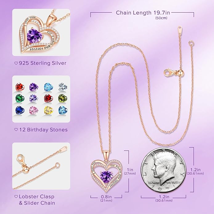 Vakki Birthstone Jewelry for Women Pendant Necklace 925 Sterling Silver Heart Necklace Birthday Gifts for Wife Daughter Girlfriend