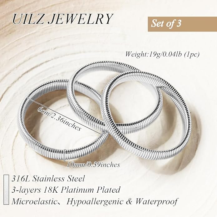 UILZ 3-Pack Gold Bangles Bracelet for Women - 24K Real Gold Plated Stainless Steel Chunky Stretch Bangles Stackable Wide Bracelet Jewelry for Everyday & Special Occasions Pulseras Para Mujer