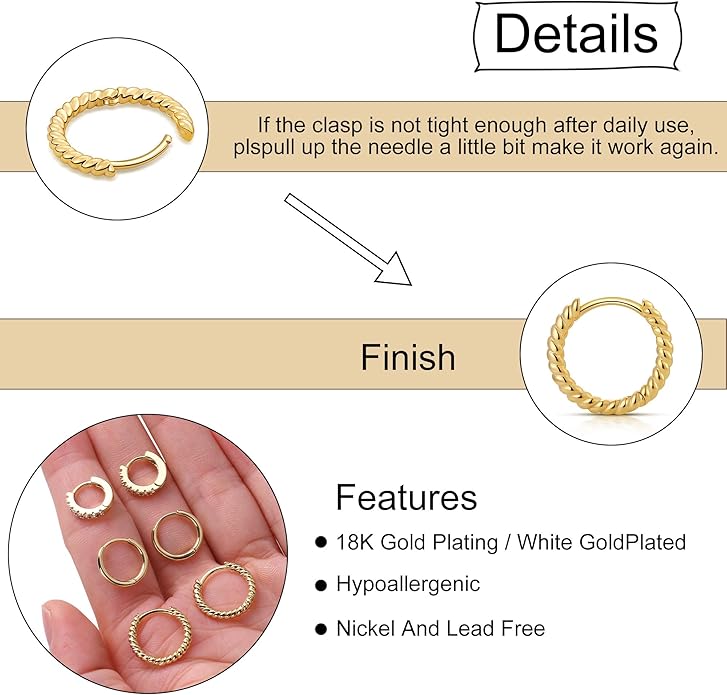 micuco 3 Pairs Small Hoop Earrings Set for Women, 14K Gold Plated Huggie Hoop Earrings for Men, Tiny Cartilage Hypoallergenic Earring Set