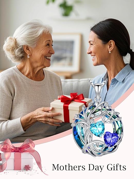 TOUPOP s925 Sterling Silver Family Celtic Tree of Life Pendant Necklaces with 2 Heart Birthstone with Blue Austrian Crystal Jewelry Birthday Anniversary Christmas Gifts for Her Wife Girlfriend Mom (18K Real White Gold Filled)