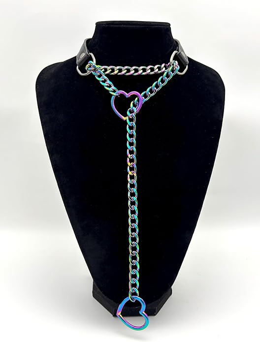 Black Leather Choker Collar For Women, Handmade Heart Slip Chain Choker Long Necklace with Adjustable Buckle