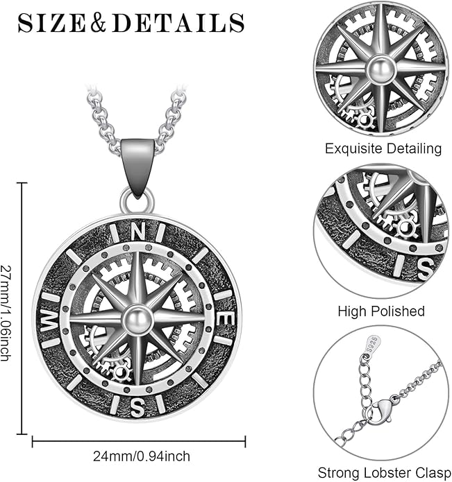 LES OSEWA Compass Necklace for Men Sterling Silver Compass Pendant Masonic Viking Necklace Travel Amulet Necklace Inspirational Graduation Jewelry Gifts for Women