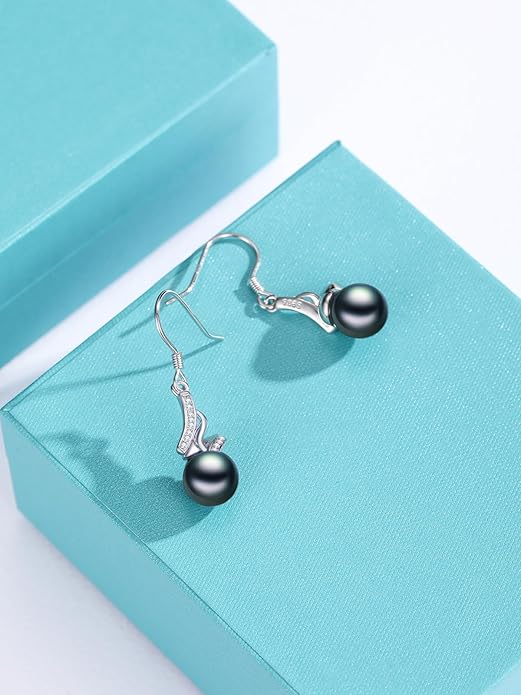 Tahitian Black Pearl Earring 18K White Gold Plated Sterling Silver Dangle Drop Earrings Black Pearl Jewelry Gifts for Women Mom