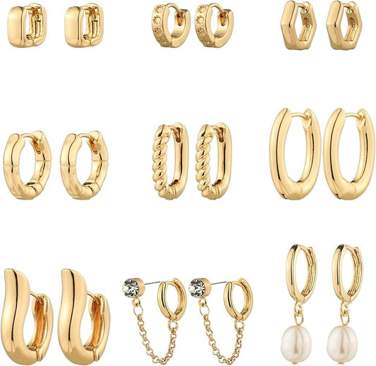 9 Pairs Gold Chunky Hoop Earrings Set for Women, 14K Gold Plated Twisted Huggie Hoop Earring Hypoallergenic, Lightweight Thick Open Hoops Earrings Jewelry Gifts.