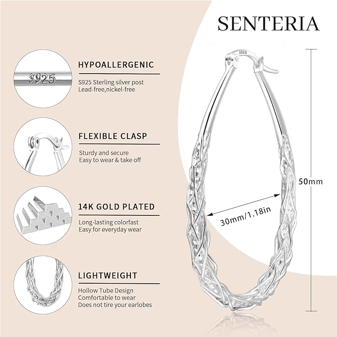 Senteria Sterling Silver Hoop Earrings - Medium, Lightweight, Thick Twist Oval Hoops