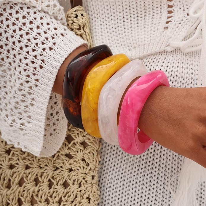 Acrylic Chunky Bangle Bracelets for Women, Irregular Punk Acrylic Resin Bangle Geometric Cuff Wide Wristband Bracelet Fashions Thick Acetate Statement Jewelry Set