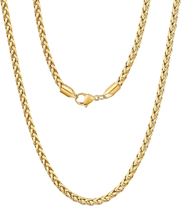 Fiusem Wheat Chains for Men and Women, 2/2.5/3/4/5mm Silver Tone/14K Gold Plated/Black Necklace Chain, Stainless Steel Mens Necklace 16-28 Inch