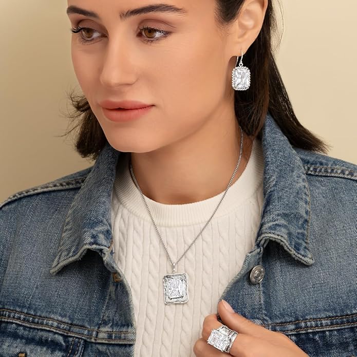 JEAN RACHEL JEWELRY 925 Sterling Silver Necklace for Women - Octagon Cubic Zirconia Prong-set Vintage Design - Hypoallergenic, Lead & Nickel Free Jewelry - Artisan Handcrafted Statement Necklace