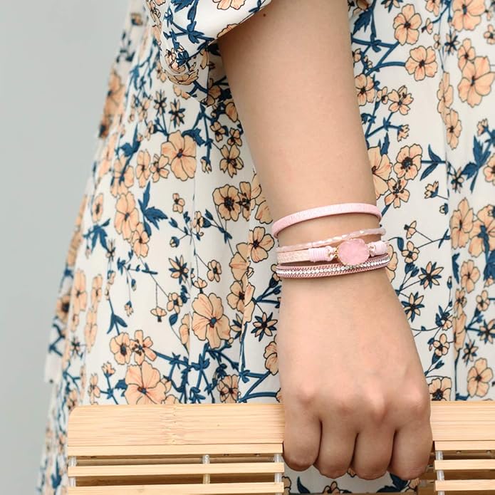 FANCY SHINY Leather Wrap Bracelet Boho Cuff Bangle Bracelets Crystal Bead Bracelet with Magnetic Clasp Jewelry Gifts for Women