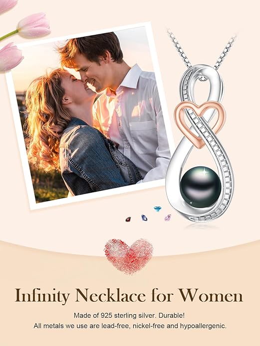 Tahitian Black Pearl Necklace Infinity Gifts for Women Wife Wedding Birthday Anniversary Jewelry Valentines Christmas Day Gifts 925 Sterling Silver
