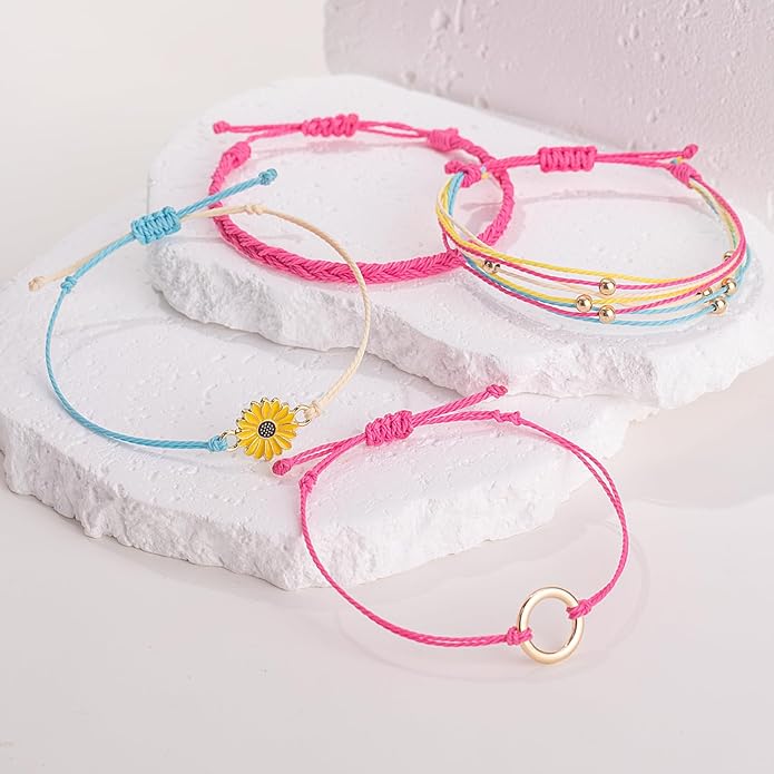 FANCY SHINY Sunflower String Bracelet Boho Braided Rope Wrap Bracelets Cute Summer Beach Surfer Jewelry for Women