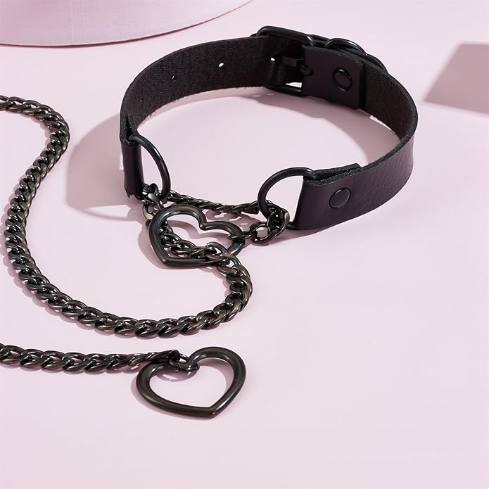 Leather Choker Slip Chain Necklace Stainless Steel Cuban Link Long Necklaces Gothic Punk Heart Chain Necklace Handmade Collars for Women