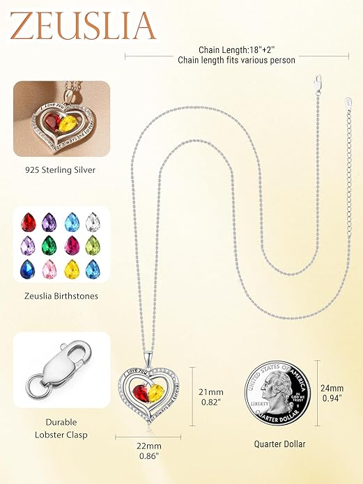 Zeuslia Double Birthstone Necklace Gifts for Wife - 925 Sterling Silver Sunflower/Rose/Crown Cross/Compass/Heart Pendant I Love You Necklace, Anniversary Birthday Gifts for Wife Girlfriend Mom Her
