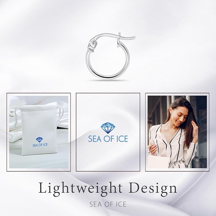 SEA OF ICE 925 Sterling Silver Hoop Earrings for Women - Hypoallergenic Earrings for Women in Sterling Silver, Yellow Gold, Rose Gold or Black Rhodium | Sizes 12MM, 15MM, 20MM or Multipack
