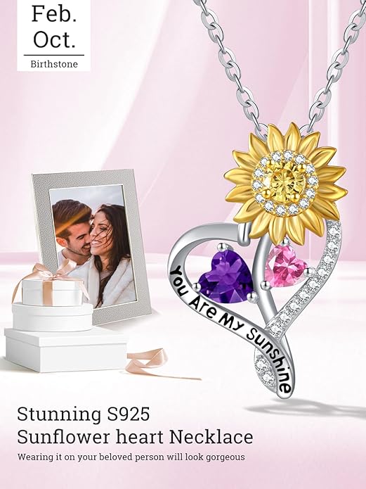 Zeuslia Double Birthstone Necklace Gifts for Wife - 925 Sterling Silver Sunflower/Rose/Crown Cross/Compass/Heart Pendant I Love You Necklace, Anniversary Birthday Gifts for Wife Girlfriend Mom Her