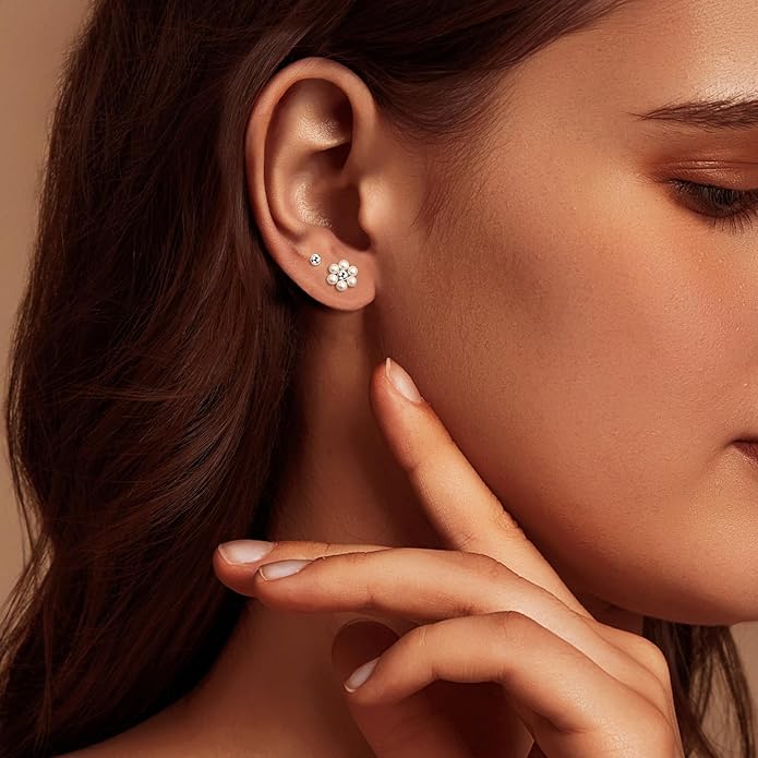 IMBOS Pearl Earrings 14k Gold Plated Daisy Flower Stud Earrings for Women Ball Stud Flat Back Earring Hypoallergenic Statement Earring Trendy Jewelry Gift for Women