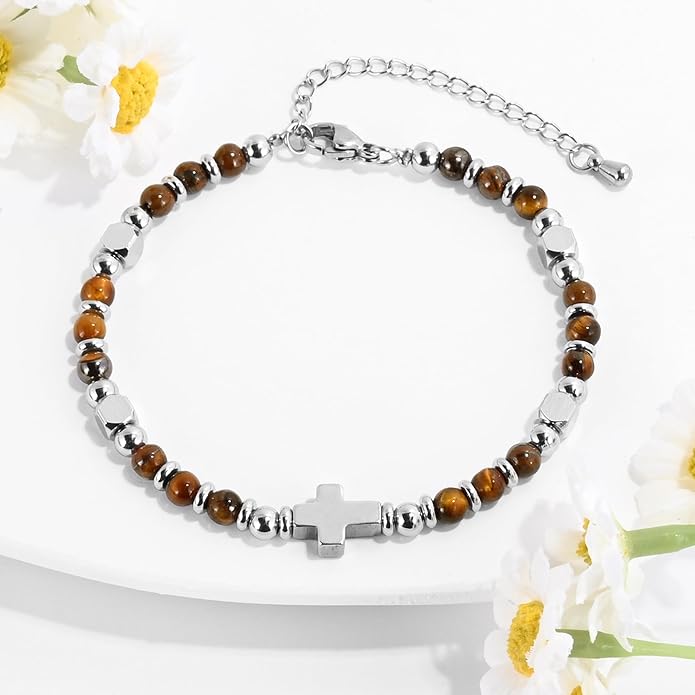 VIBILIA Cross Beaded Bracelets for Women, Inspirational Natural Heart Religious Bracelets for Women, Birthday Christian Gifts for Women on Thanksgiving Christmas Gifts