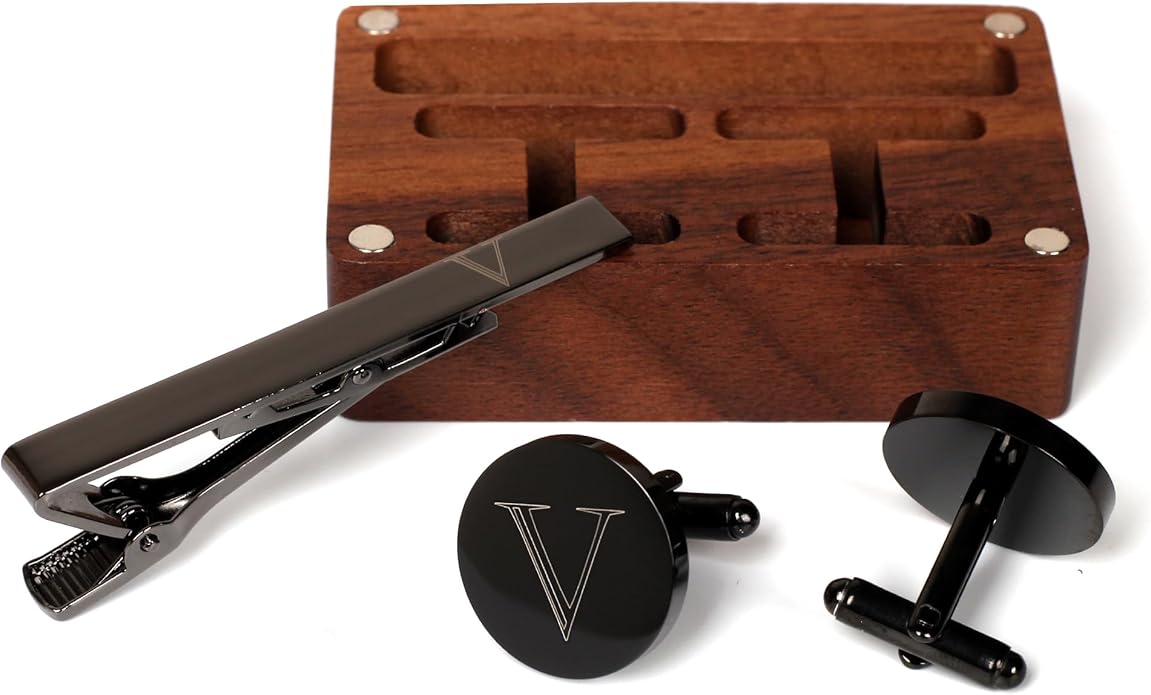 Mens Initial Cufflinks and Tie Clip A-Z Alphabet Letter Black Stainless Cuff Links Tie Bar with Engraved Walnut Wood Box Groom Groomsman Wedding Set