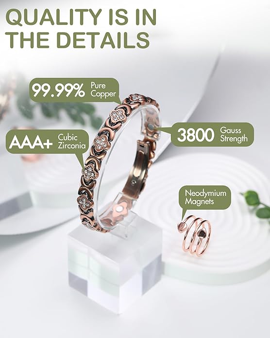 Feraco Pure Copper Bracelets for Women, Ultra Strength Magnetic Therapy Bracelet for Pain Relief with Neodymium Magnets & Sparkling Cubic Zirconia, Adjustable, Infinite Clover Jewelry