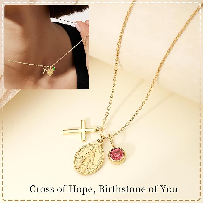 Gold Cross Necklaces for Women, 1-12 Birthstone Necklace Stocking Stuffers for Her Faith Confirmation Gifts for Teen Girls Virgin Mary Necklace Gifts for Christians Birthday Baptism Religious Jewelry