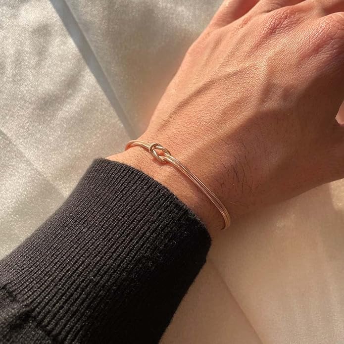 Matching Bracelets for Couples，Dainty Gold Love Knot Bracelet 14K Gold Plated Herringbone Chain Bracelet Relationship Jewelry Gifts for Best Friend