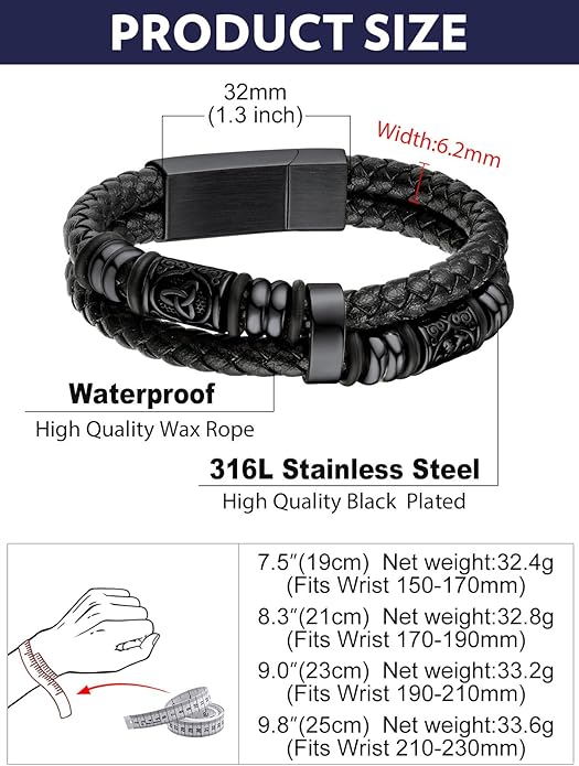 Bandmax Mens Black Double Wax Rope Cuff Bracelets Waterproof Stainless Steel Norse Style Celtic Knot Beads Bracelet Wristband Gift for Men
