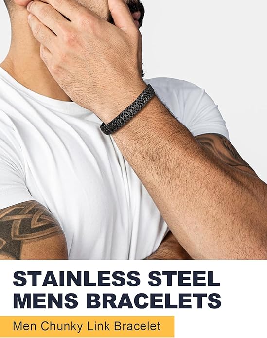 U7 Link Bracelets for Men, Cuban Link/Rope/Watch Band Solid Bracelet, Silver Black Gold Color Wrist Bracelet 3/6/9/12/15mm Width, 6.5/7.5/8.3 Inch Length, Hand Chain Jewelry for Mens Women